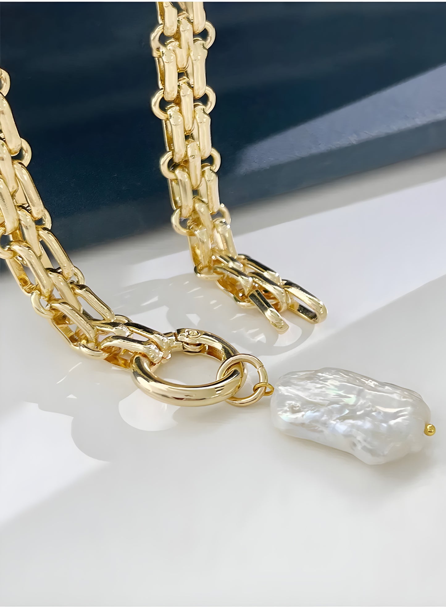 Collana Girocollo a Catena Cubana con Ciondolo Perla Placcato Oro e Argento