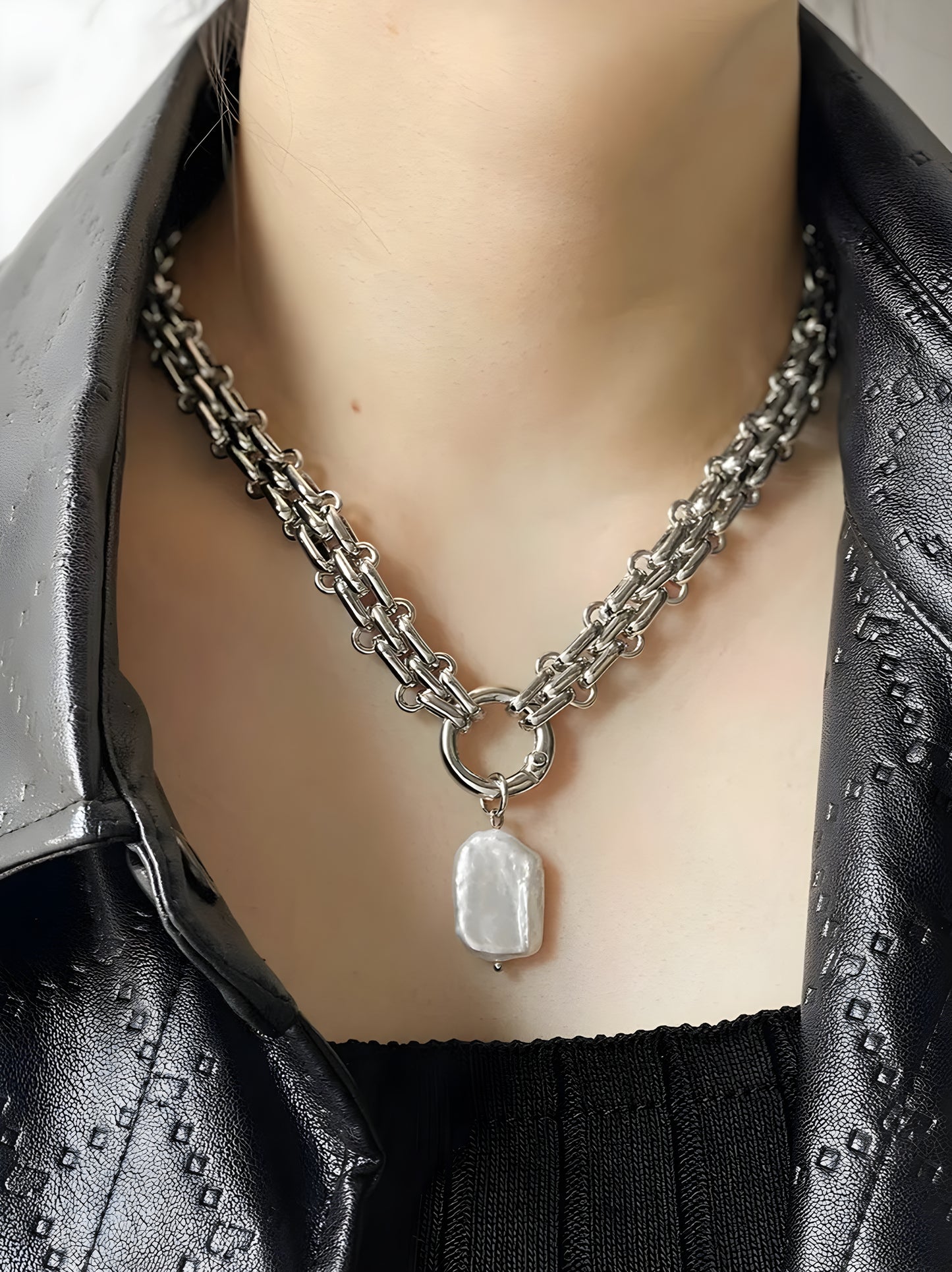 Collana Girocollo a Catena Cubana con Ciondolo Perla Placcato Oro e Argento