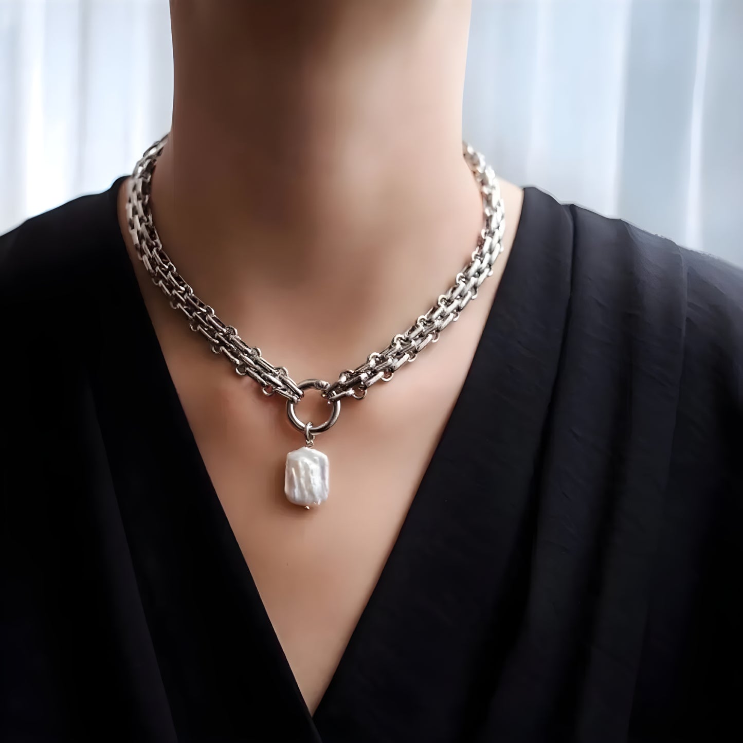 Collana Girocollo a Catena Cubana con Ciondolo Perla Placcato Oro e Argento